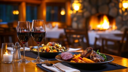 Elegant dining setup featuring two plates of gourmet food and red wine in a cozy restaurant setting