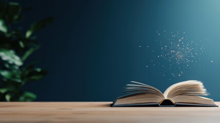 A book with an open page and a colorful bookmark flying out of it against a white background