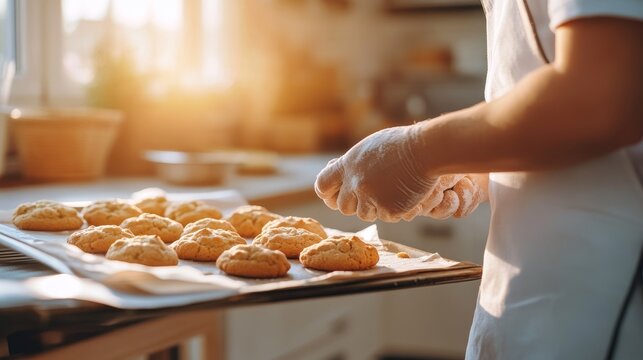 Cozy kitchen scene with a baker preparing freshly baked cookies on a sunny afternoon - Powered by Adobe