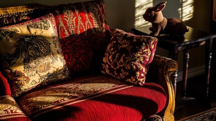 Sunlit red sofa with pillows and rabbit figurine.