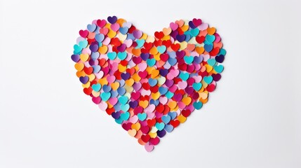 Colorful Heart Shape Made of Bright Paper Hearts in Various Shades on a White Background