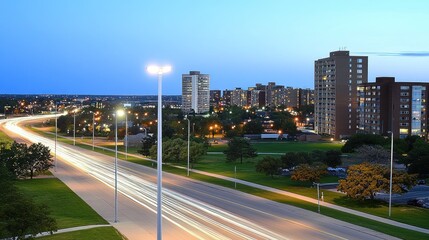 Fototapeta premium City highway at twilight with light trails and residential buildings in the background.