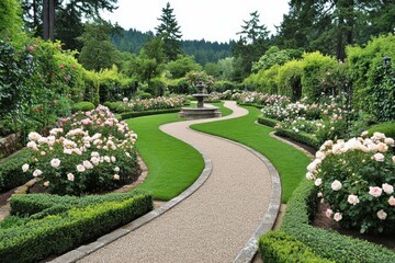 Classic English Garden with Rose Bushes: A symmetrical garden with lush green lawns, perfectly pruned rose bushes in bloom, winding gravel paths, and a fountain centerpiece.