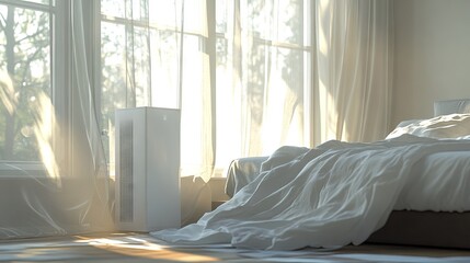A contemporary bedroom with a stylish air purifier next to a king-sized bed, sunlight streaming through sheer curtains