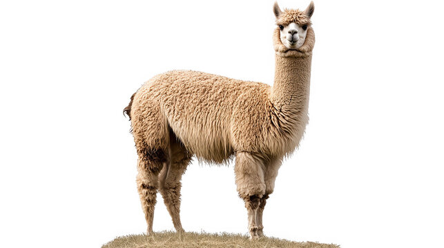 A standing alpaca with a soft, fluffy coat, isolated on a white background, showcasing its unique features.