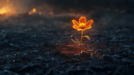 Resilient flower blooming in a scorched landscape, symbolizing hope amidst destruction