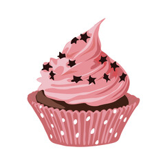 Pink Cupcake, muffin vector realistic illustration isolated on white background. Delicious dessert with chocolate, whipped cream and stars decorative topping.