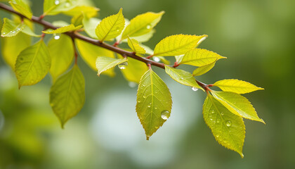 Close-up of a branch with fresh green leaves covered in water droplets, showcasing natural beauty, spring freshness, and the vitality of new growth
