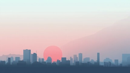 Naklejka premium Minimalist Cityscape at Sunrise or Sunset with Soft Pastel Colors and a Large Red Sun