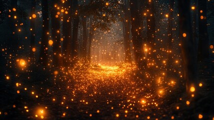 Enchanting Glowing Pathway Through a Mystical Forest with Sparkling Light Particles at Night