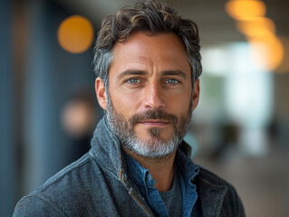 Portrait of a handsome man with stubble, looking directly at the camera.