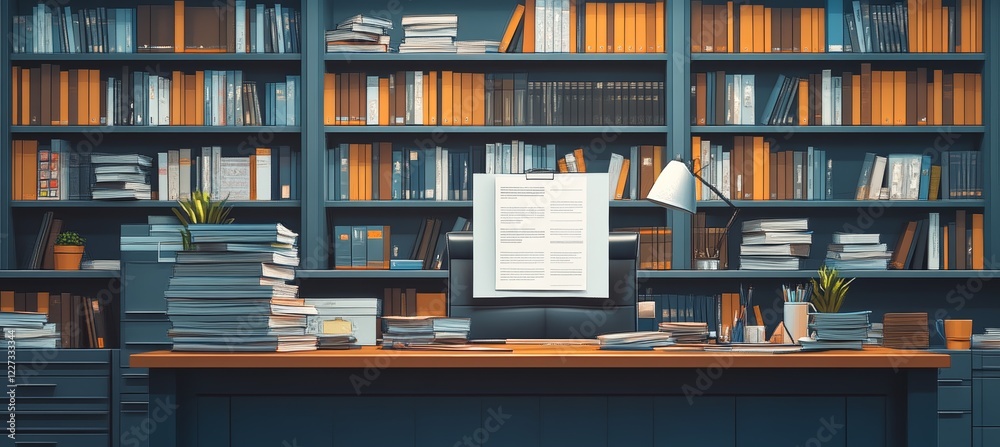 Poster manager office desk full of document and book. generative ai technology.