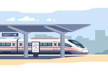 High-speed train arriving at a modern station under a clear sky in a bustling cityscape during daytime hours.  © faber14