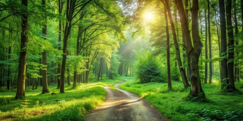 Fototapeta premium A serene green forest landscape in summer with a winding dirt path leading into the frame, trees, scenery, trees, scenery, nature