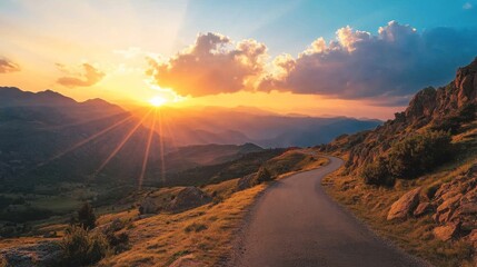 Asphalt highway road merges with morning light, showcasing breathtaking mountain natural scenery in a panoramic view