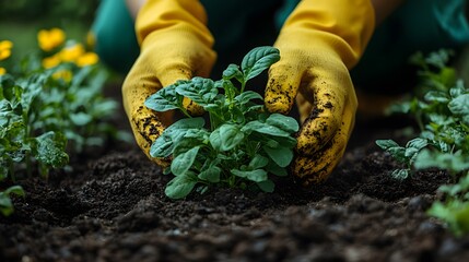 Close-up view of seeds being planted by a farmer in rich soil, bright spring day and renewal theme with copy space