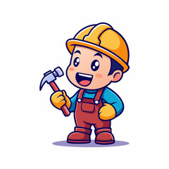 Cartoon Construction Worker Character in Safety Gear with Hammer and Wrench, Colorful and Fun Illustration for Kids