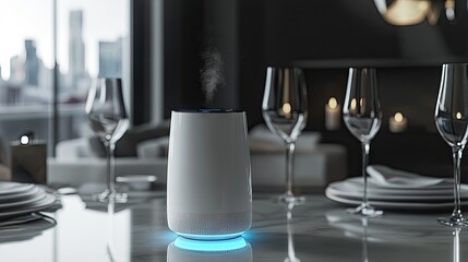 A luxury apartment dining area with an air purifier resting against a textured wall, surrounded by elegant decor