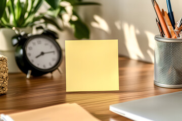 Post-it yellow empty sticky on brown table in office text or message office equipment is blurred background. Note paper for reminding concept note paper with on computer to remind password for login.