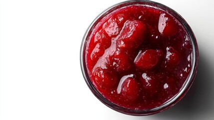 A small glass bowl filled with red berry jam isolated on a white background, showcasing sweet cherry jam, viewed from the top