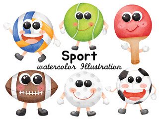 Obraz premium Cute Hand-Painted Watercolor Sport Characters: Volleyball, Tennis Ball, Ping Pong Paddle, Rugby, Golf Ball, and Soccer Ball