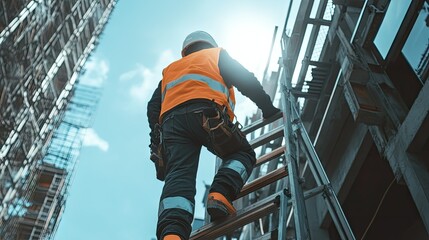 A construction worker in reflective gear and safety shoes climbing a step ladder at a building site.