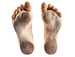 Isolated Two Dirty Human Feet Bottom View