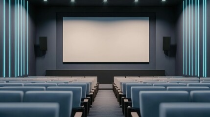 Fototapeta premium Empty cinema auditorium with white screen and rows of seats in modern theater setting