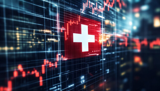 Financial markets showing Swiss currency dynamics with data visualization and national symbol in focus