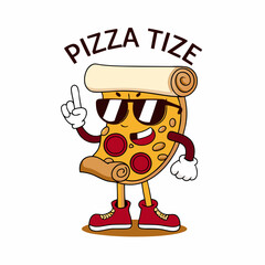 Cool and Stylish Cartoon Pizza Slice Wearing Sunglasses, Fun and Playful Cheesy Character with a Confident Smile, Trendy Food Mascot for Restaurants, Food Delivery, and Snack