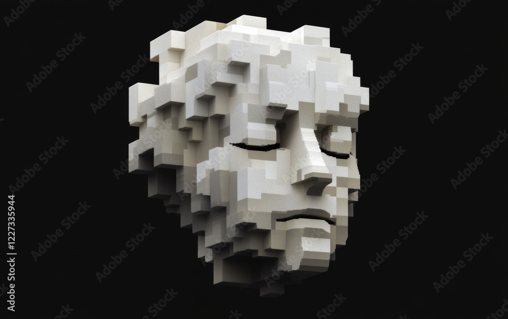 Fototapete abstract 3d sculpture of a serene face composed of block-like structures against a dark background
