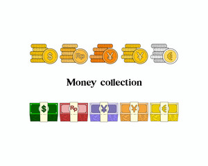 Set of currency like dollar, rupiah, yen, yuan, euro in coins and banknote on white background