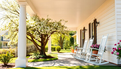 Southern country living covered front porch summer spring day tree sunlight warm sunshine white rocking chairs , with white tonespng