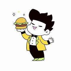 Friendly Cartoon Waiter Serving a Burger, Cheerful Character with a Big Smile and Uniform, Playful and Fun Mascot for Restaurants, Fast Food, and Diner Branding