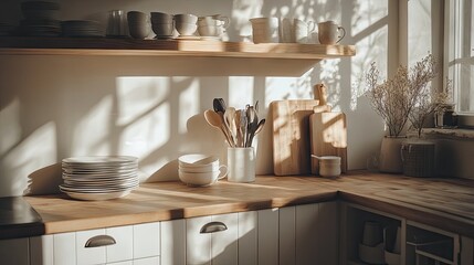 A modern Nordic kitchen with clean white cabinets, a wooden island, and bright daylight highlighting ceramic tableware