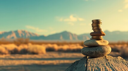 Obraz premium A stack of coins precariously balanced on a rock in a desert, representing wealth and stability in an arid environment