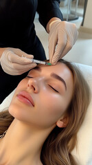 Naklejka premium Woman Receiving a Botox Injection in the Forehead at a Luxury Clinic – Perfect for Advertising, Banners, Medical Stock Photography, and Beauty Marketing
