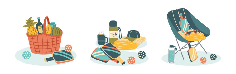 Set of pickleball objects isolated on white. Collection of paddles, balls, picnic basket, chair, and accessories for outdoor recreation. Concept of sport, game, healthy lifestyle and activity. 