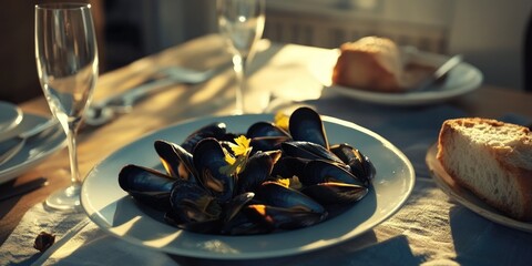 Mussels and bread on table