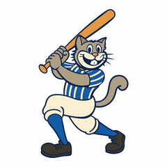 Energetic Cartoon Cat Mascot Playing Baseball, Sporty and Playful Feline Character with a Baseball Bat and Cap, Fun and Competitive Athletic Cat Logo for Team Sports and Merchandise