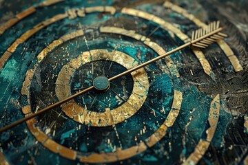 Naklejka premium Golden arrow pointing at the center of a target on a weathered surface with gold and turquoise accents