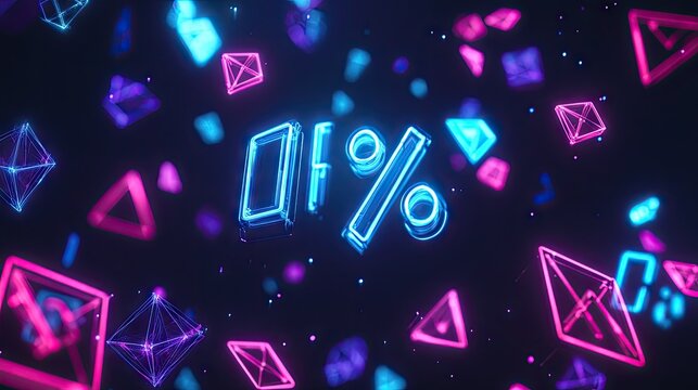 A neon-style digital graphic of flashing discount percentages floating in cyberspace