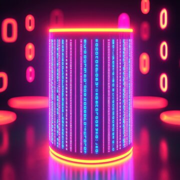 Futuristic digital cylinder with glowing binary code, showcasing technology and innovation in a vibrant, abstract environment.