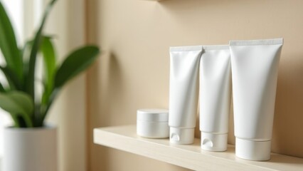 white cosmetic tubes and a small jar with blank labels neatly arranged on a beige shelf near a window, with a green potted plant adding a natural touch, concept of skincare, beauty, wellness