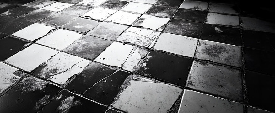 Black and white checkered tile floor with cracks and reflections, evoking a sense of history, decay, and abstract patterns