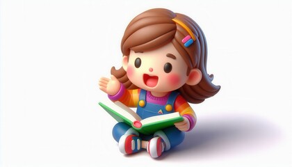 Cheerful girl reading book imaginative setting 3d animation playful environment close-up