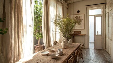 A Scandinavian-style dining room with a wooden table, ceramic tableware, and natural sunlight filtering through linen curtains