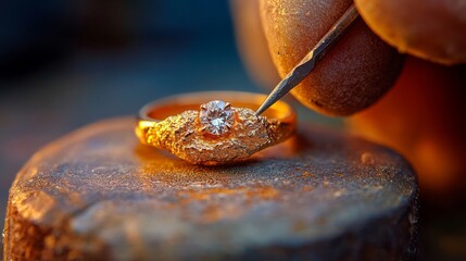 A close-up of a jeweler meticulously inspecting a radiant diamond ring set in shining gold, showcasing the exquisite detailing and superior craftsmanship of exquisite jewelry