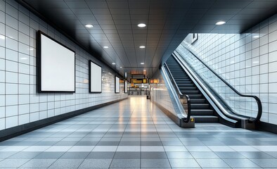 Obraz premium Mock-up poster media template showcasing ads in NYC Subway Station Escalator. Realistic 3d render illustration
