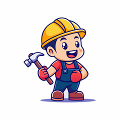 Cartoon Construction Worker Character in Safety Gear with Hammer and Wrench, Colorful and Fun Illustration for Kids
